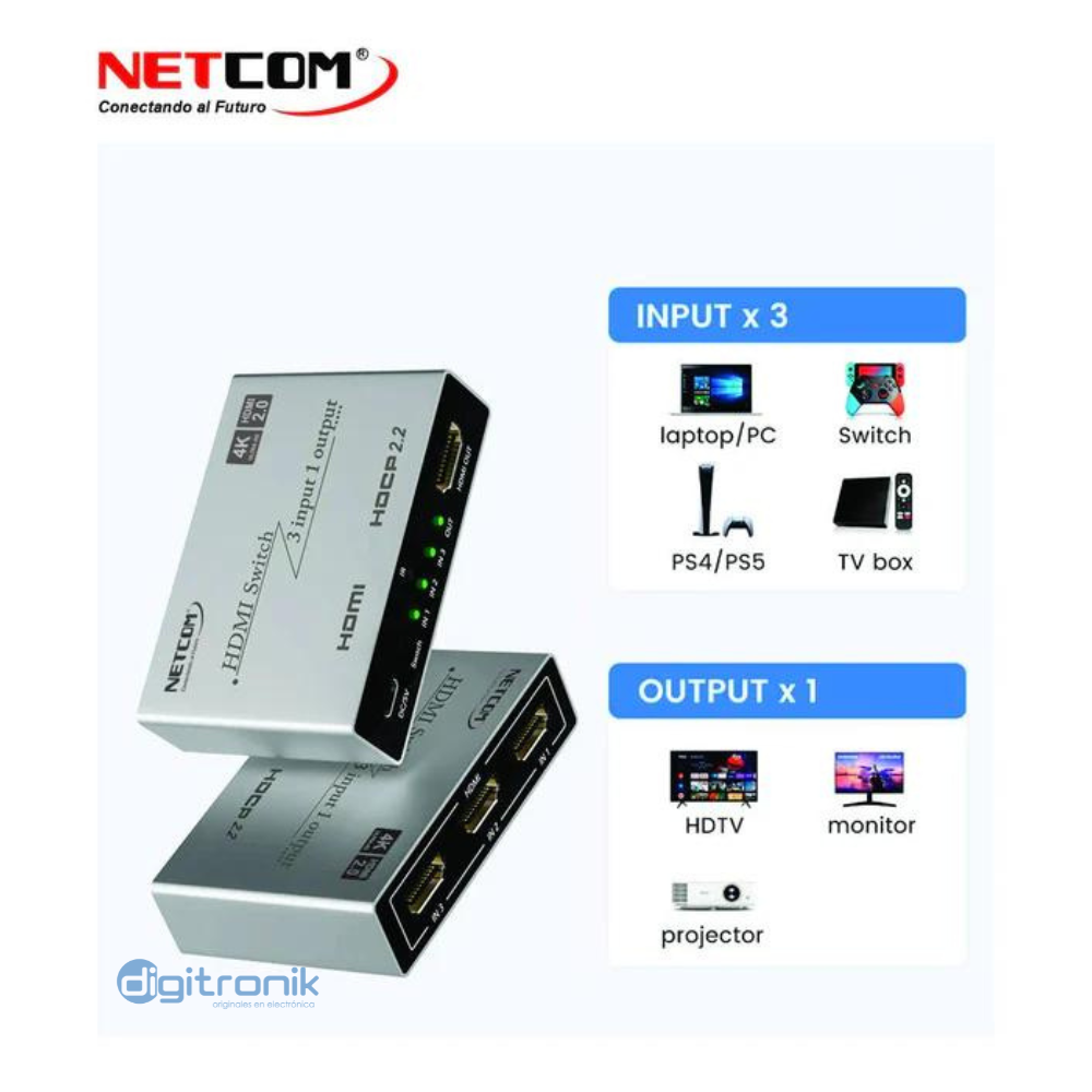 SWITCH HDMI 3 X 1 V2.0 NETCOM PE-SW0095