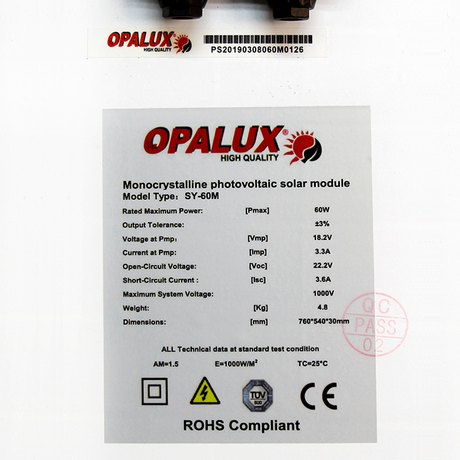 PANEL SOLAR DE 60W 760-540-35MM OPALUX 12VDC 3.3AMP IP-67