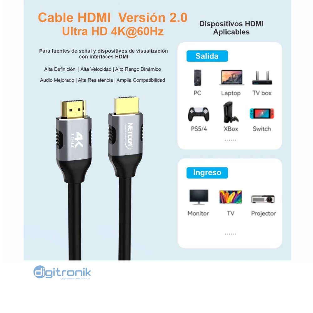 CABLE HDMI DE 1.80M V2.0 NETCOM PE-HD0102