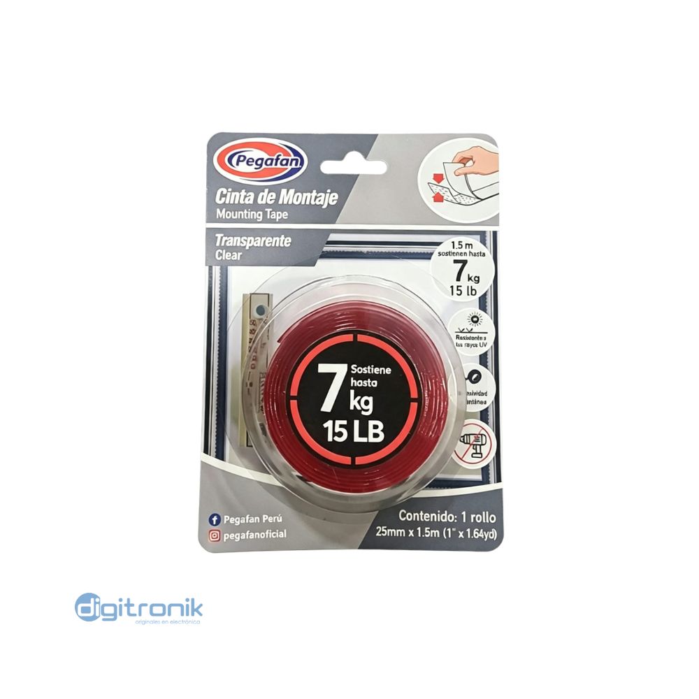 CINTA DE MONTAJE CLEAR 25MM X 1.5M PEGAFAN KURESA