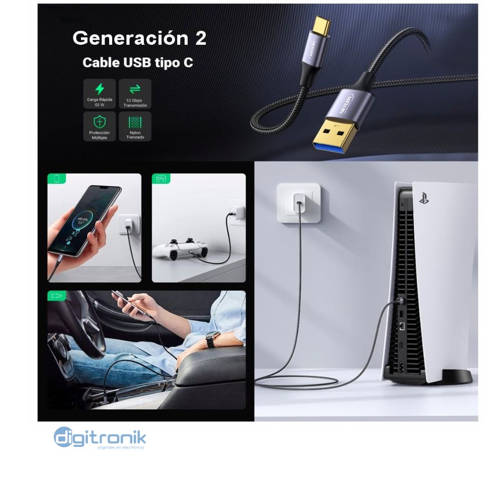 CABLE USB A TIPO-C V3.2 GEN 2 VELOCIDAD 10GBPS CARGA 60W DE 5M PE-CA0205