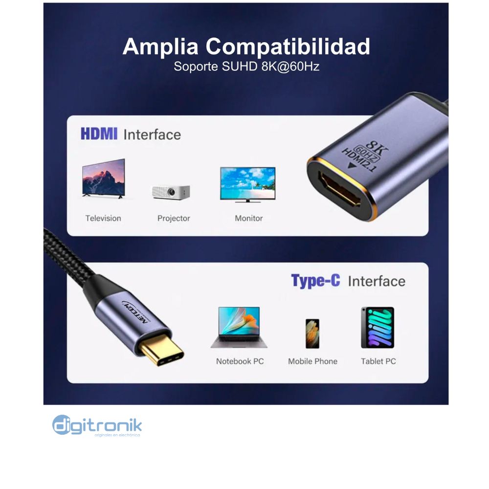 ADAPTADOR USB-C A HDMI 8K NETCOM PE-VA0330