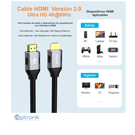 CABLE HDMI V2.0 8MTS NETCOM PE-HD0108