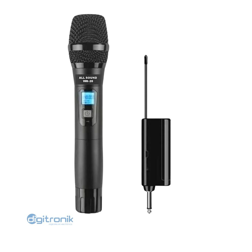 MICROFONO INALAMBRICO DE MANO UHF ALL SOUND, METAL PESADO CON BATERIA LITIO RECARGABLE 30-50M WM-20