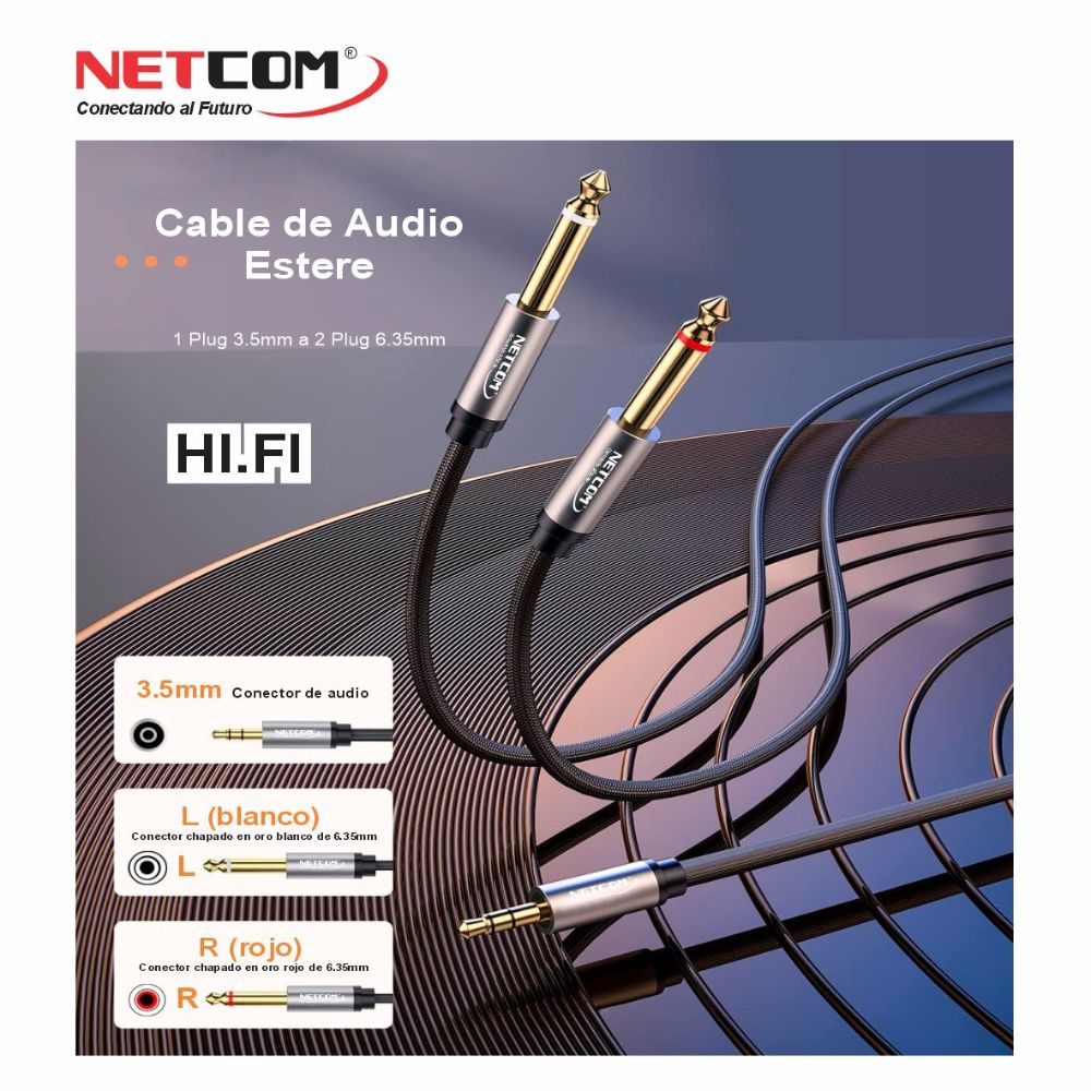 CABLE DE AUDIO 1 PLUG 3.5MM A 2 PLUG 6.3MM NETCOM PE-RS0503