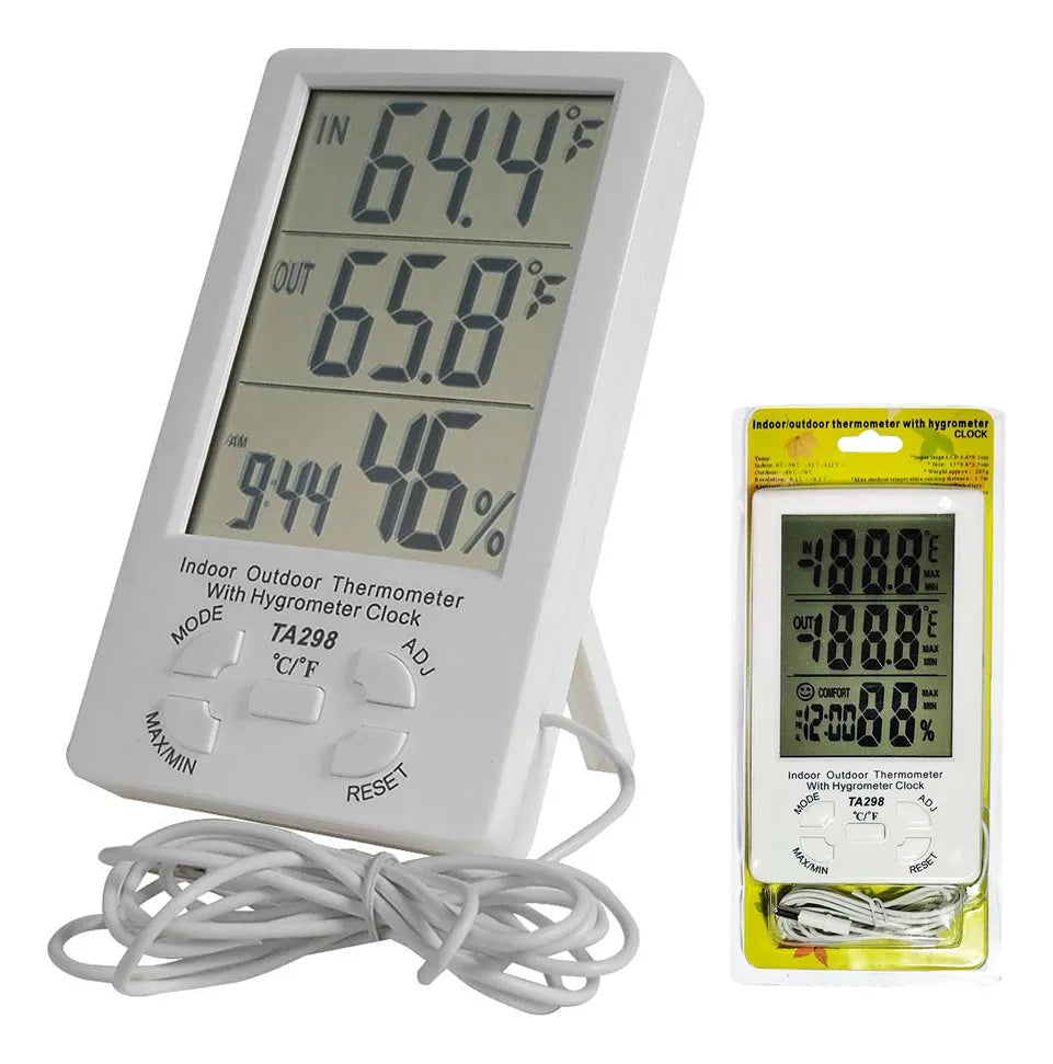 TERMÓMETRO HIGROMETRO DIGITAL LCD CON RELOJ TA298