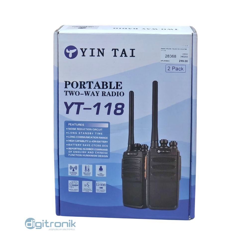 Radio comunicaciones walkie talkie 5w UHF 400-470mhz YT-118 (Kit X 2)