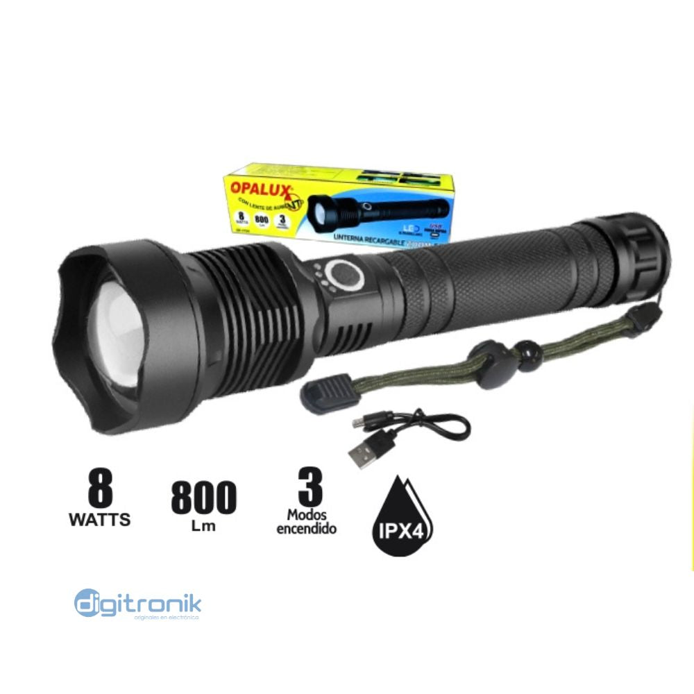 LINTERNA RECARGABLE ZOOM 8W OPALUX 800LM, 3 MODOS DE ENCENDIDO OP-1734