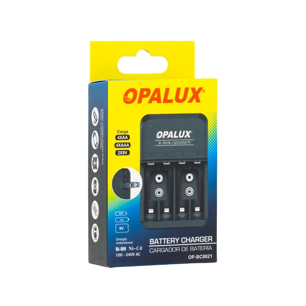 CARGADOR DE BATERIA OPALUX PARA AA/AAA/9V ENCHUFE OP-BC8021